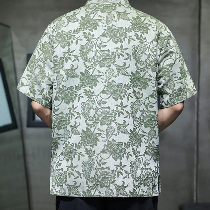 Buddha Stonesカジュアル ジャカード ペイズリー 花 植物柄 カエルボタンデザイン メンズ コットン シャツ カーディガン ポケット付き