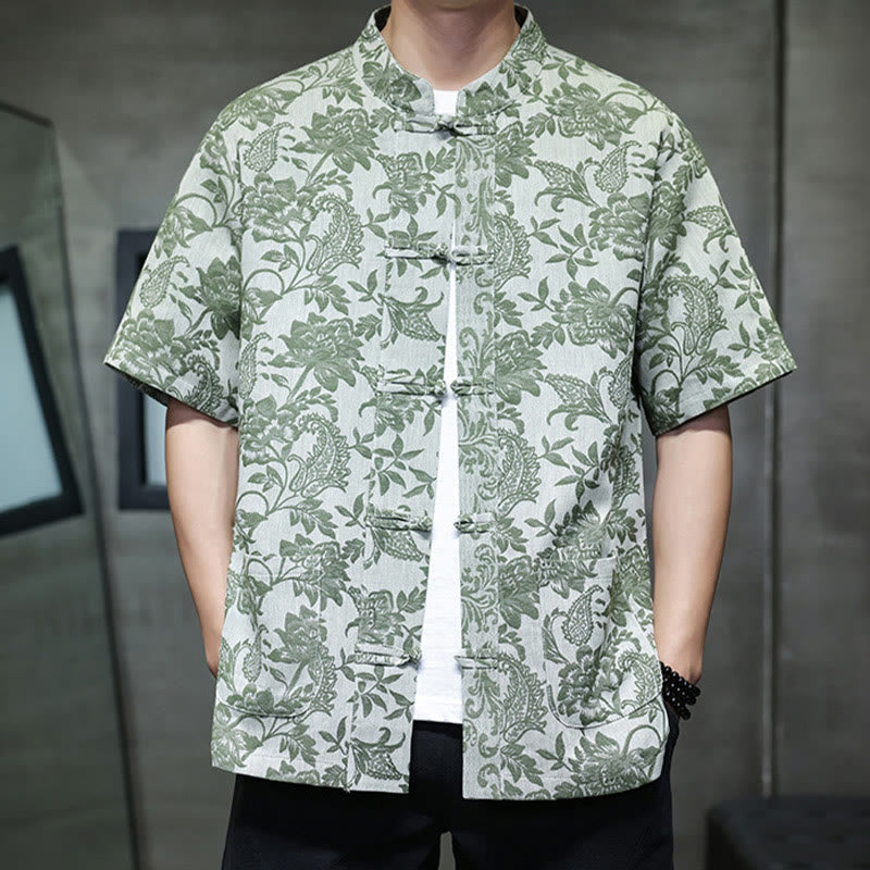 Buddha Stonesカジュアル ジャカード ペイズリー 花 植物柄 カエルボタンデザイン メンズ コットン シャツ カーディガン ポケット付き
