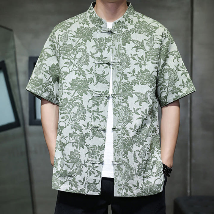 Buddha Stonesカジュアル ジャカード ペイズリー 花 植物柄 カエルボタンデザイン メンズ コットン シャツ カーディガン ポケット付き