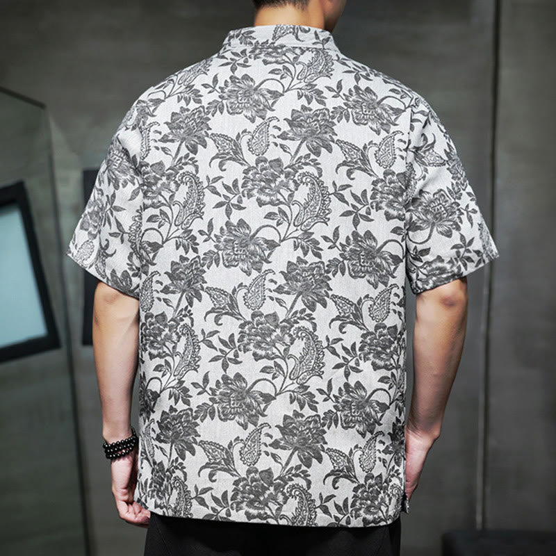 Buddha Stonesカジュアル ジャカード ペイズリー 花 植物柄 カエルボタンデザイン メンズ コットン シャツ カーディガン ポケット付き