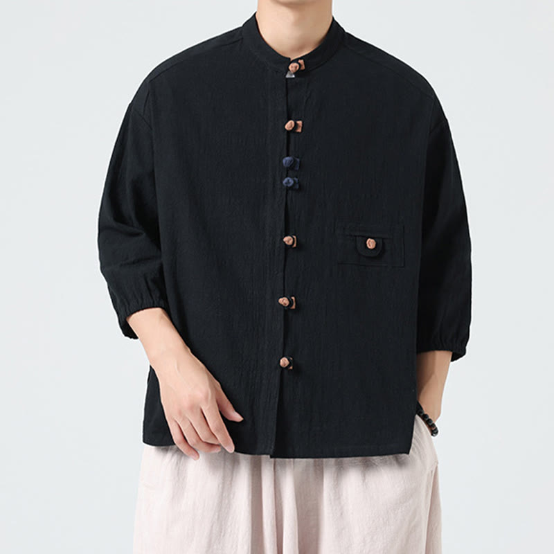 Buddha Stones夏用 カエルボタンフロント スタンドカラー メンズ 七分袖 コットンシャツ ポケット付き - image 14