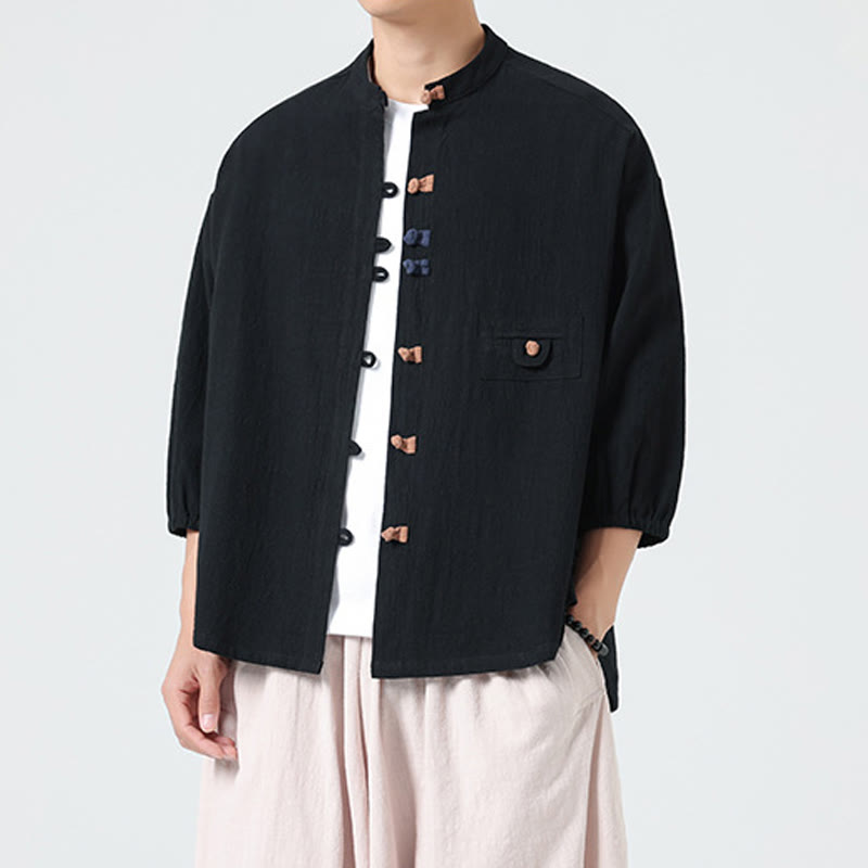 Buddha Stones夏用 カエルボタンフロント スタンドカラー メンズ 七分袖 コットンシャツ ポケット付き - image 10