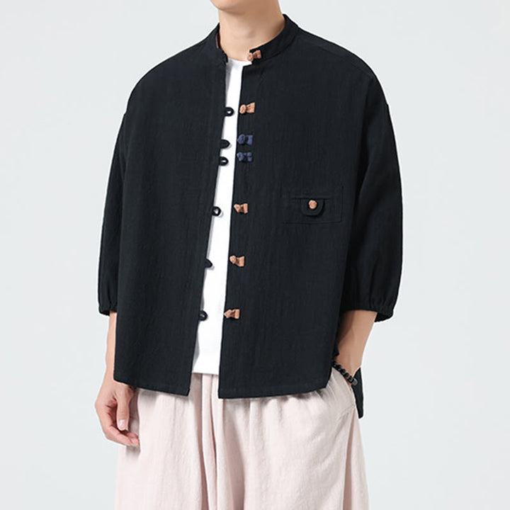 Buddha Stones夏用 カエルボタンフロント スタンドカラー メンズ 七分袖 コットンシャツ ポケット付き - image 10