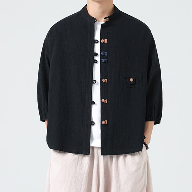 Buddha Stones夏用 カエルボタンフロント スタンドカラー メンズ 七分袖 コットンシャツ ポケット付き - image 11