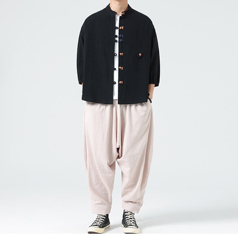 Buddha Stones夏用 カエルボタンフロント スタンドカラー メンズ 七分袖 コットンシャツ ポケット付き - image 17