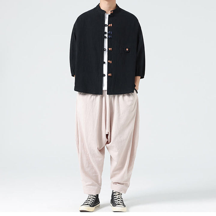 Buddha Stones夏用 カエルボタンフロント スタンドカラー メンズ 七分袖 コットンシャツ ポケット付き - image 17