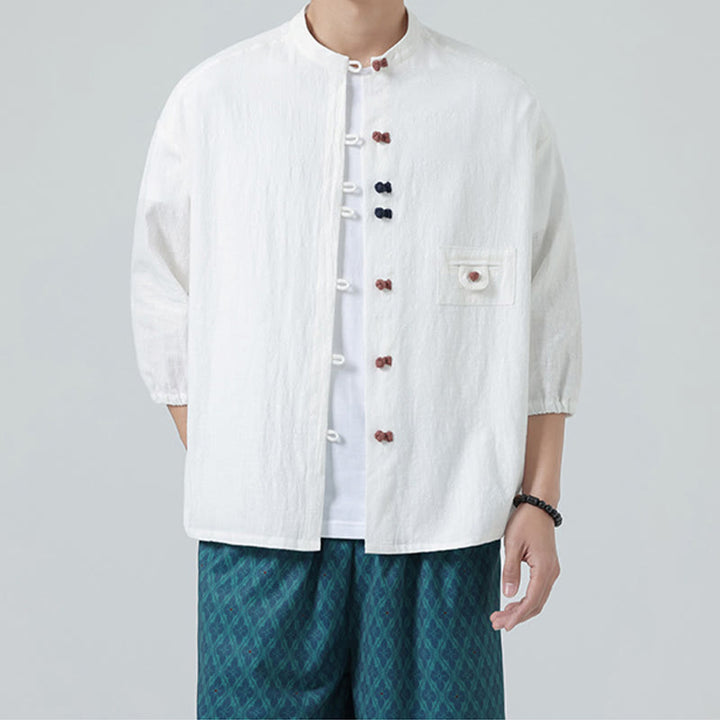 Buddha Stones夏用 カエルボタンフロント スタンドカラー メンズ 七分袖 コットンシャツ ポケット付き - image 2
