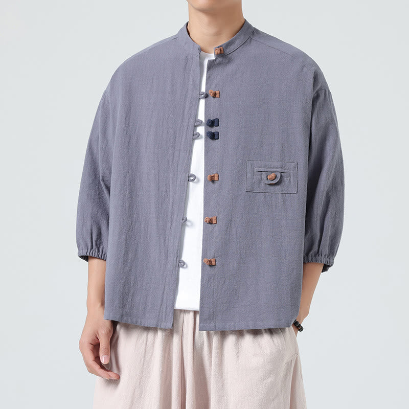 Buddha Stones夏用 カエルボタンフロント スタンドカラー メンズ 七分袖 コットンシャツ ポケット付き - image 22