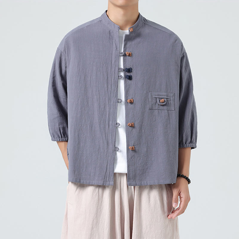 Buddha Stones夏用 カエルボタンフロント スタンドカラー メンズ 七分袖 コットンシャツ ポケット付き - image 23