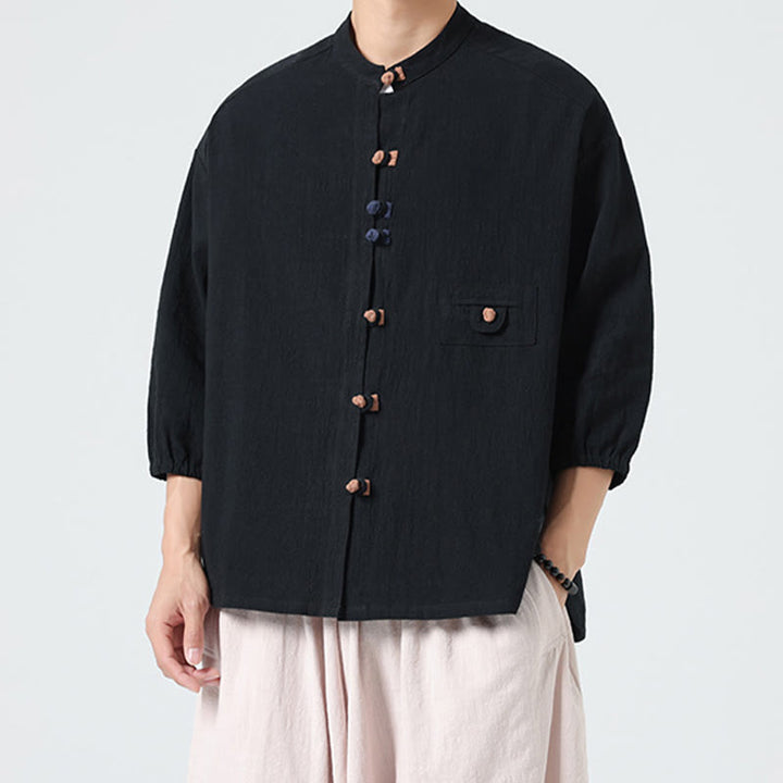 Buddha Stones夏用 カエルボタンフロント スタンドカラー メンズ 七分袖 コットンシャツ ポケット付き - image 12