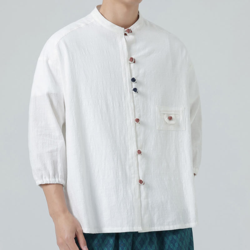 Buddha Stones夏用 カエルボタンフロント スタンドカラー メンズ 七分袖 コットンシャツ ポケット付き - image 5