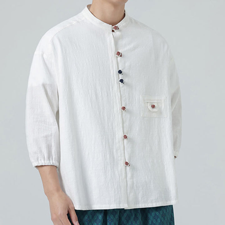 Buddha Stones夏用 カエルボタンフロント スタンドカラー メンズ 七分袖 コットンシャツ ポケット付き - image 5