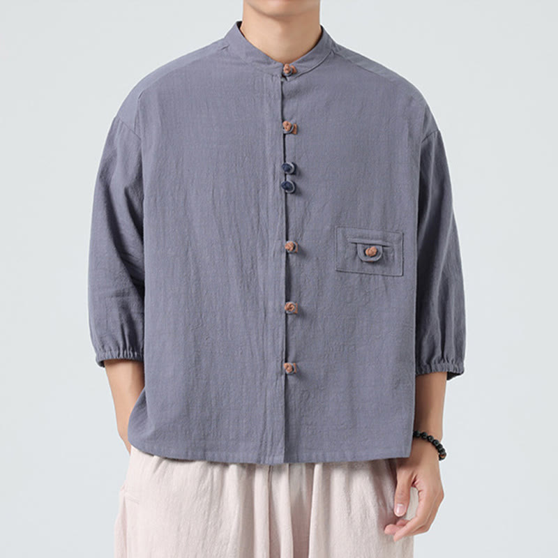 Buddha Stones夏用 カエルボタンフロント スタンドカラー メンズ 七分袖 コットンシャツ ポケット付き - image 21