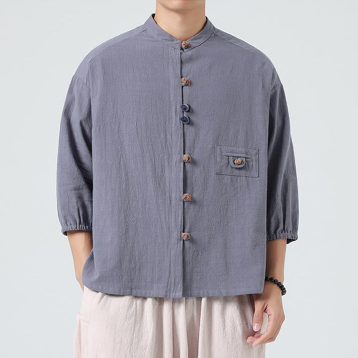 Buddha Stones夏用 カエルボタンフロント スタンドカラー メンズ 七分袖 コットンシャツ ポケット付き - image 21