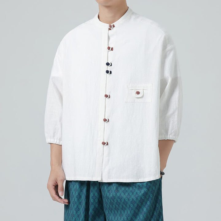 Buddha Stones夏用 カエルボタンフロント スタンドカラー メンズ 七分袖 コットンシャツ ポケット付き - image 3