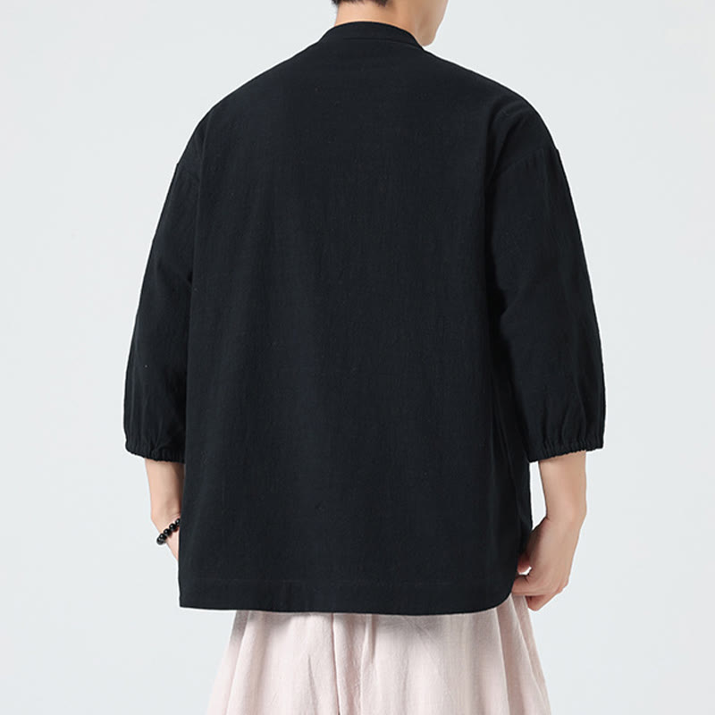 Buddha Stones夏用 カエルボタンフロント スタンドカラー メンズ 七分袖 コットンシャツ ポケット付き - image 15