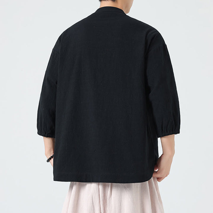 Buddha Stones夏用 カエルボタンフロント スタンドカラー メンズ 七分袖 コットンシャツ ポケット付き - image 15