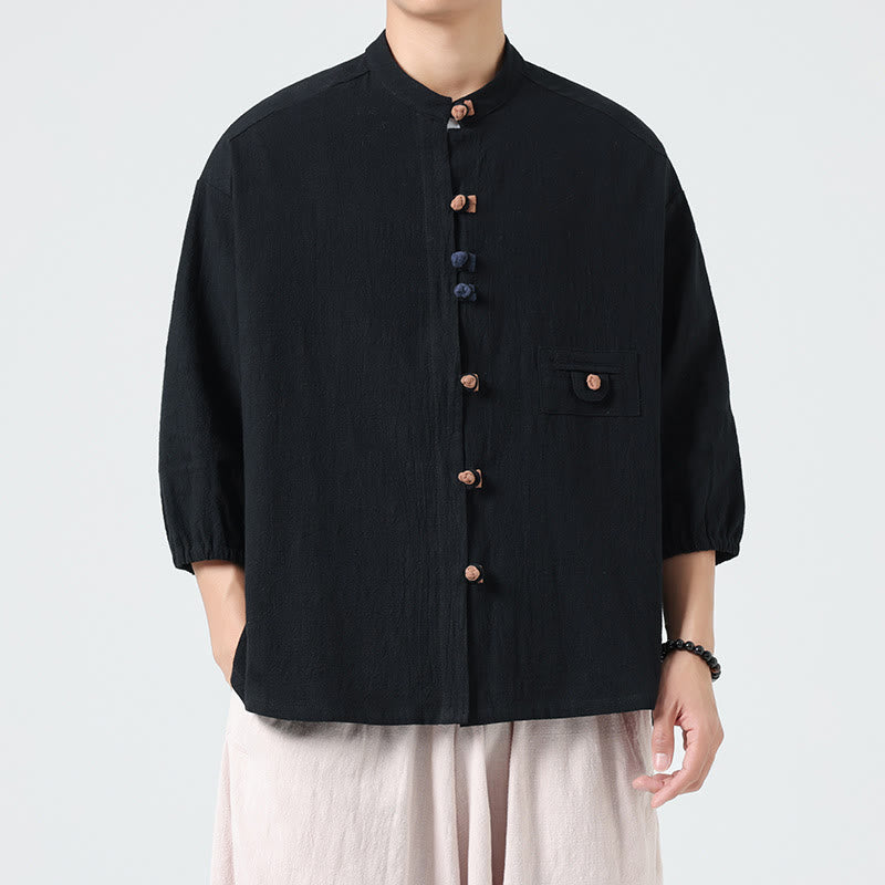 Buddha Stones夏用 カエルボタンフロント スタンドカラー メンズ 七分袖 コットンシャツ ポケット付き - image 13