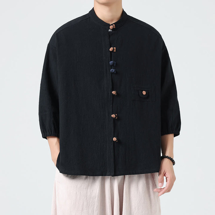 Buddha Stones夏用 カエルボタンフロント スタンドカラー メンズ 七分袖 コットンシャツ ポケット付き - image 13