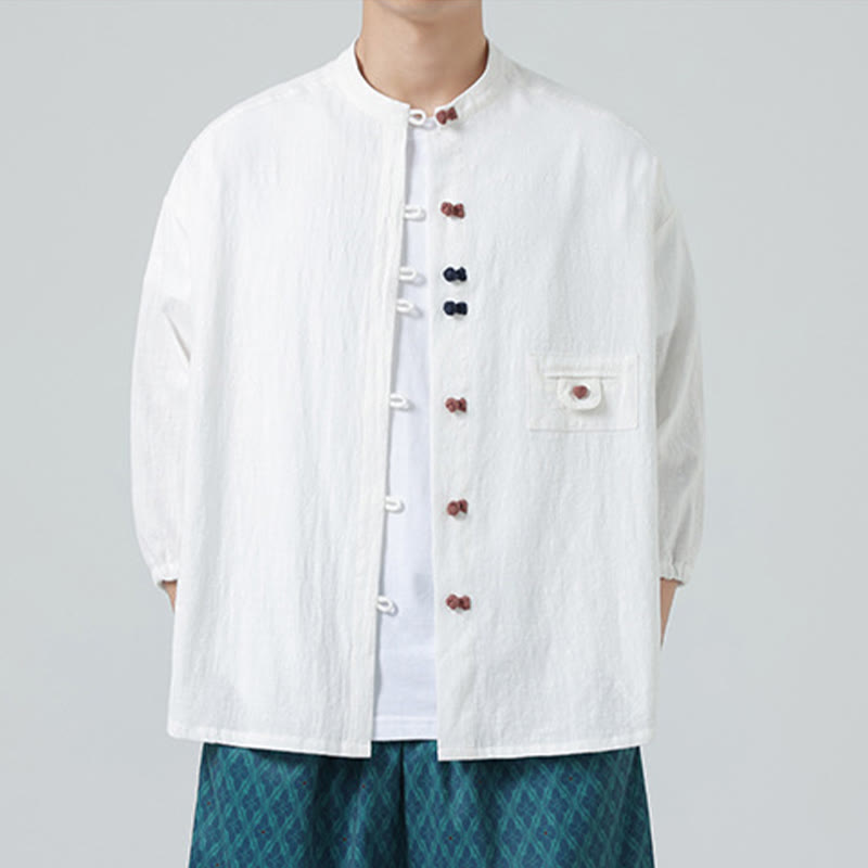 Buddha Stones夏用 カエルボタンフロント スタンドカラー メンズ 七分袖 コットンシャツ ポケット付き - image 4