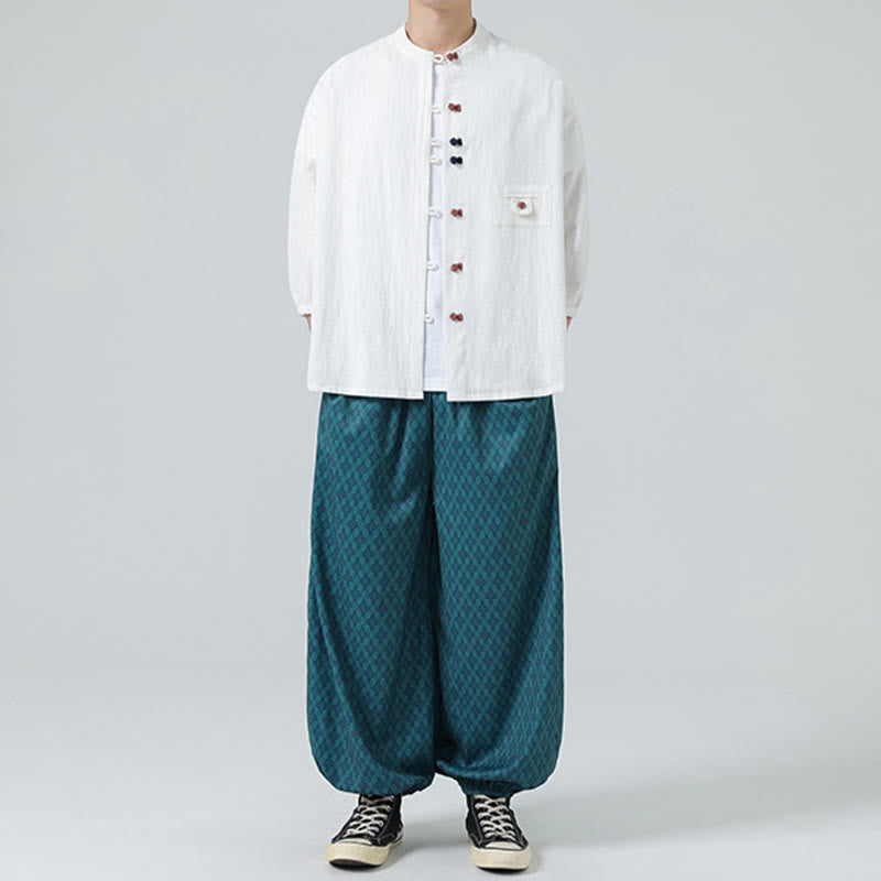 Buddha Stones夏用 カエルボタンフロント スタンドカラー メンズ 七分袖 コットンシャツ ポケット付き - image 6