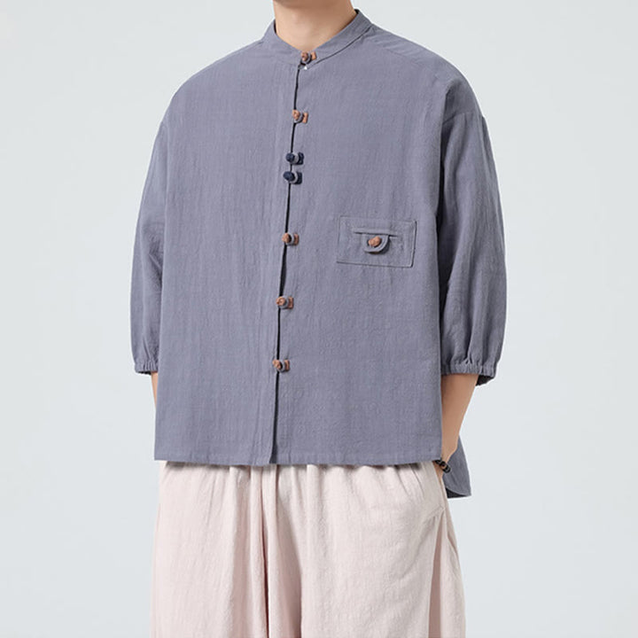 Buddha Stones夏用 カエルボタンフロント スタンドカラー メンズ 七分袖 コットンシャツ ポケット付き - image 20