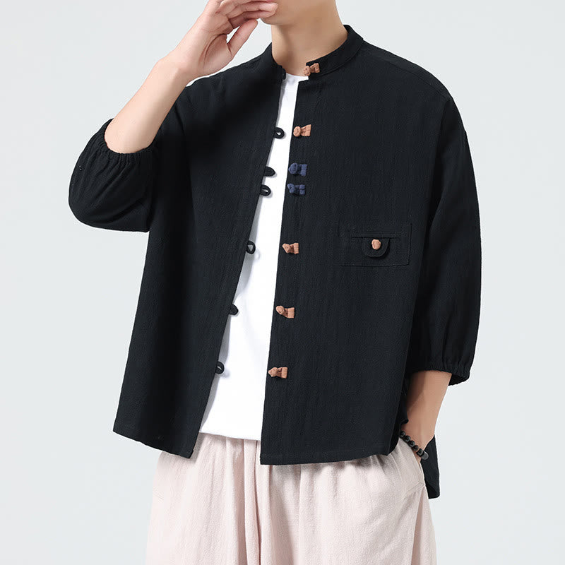 Buddha Stones夏用 カエルボタンフロント スタンドカラー メンズ 七分袖 コットンシャツ ポケット付き - 黒 - US/UK/AU46、 EU56 (5XL) - image 9