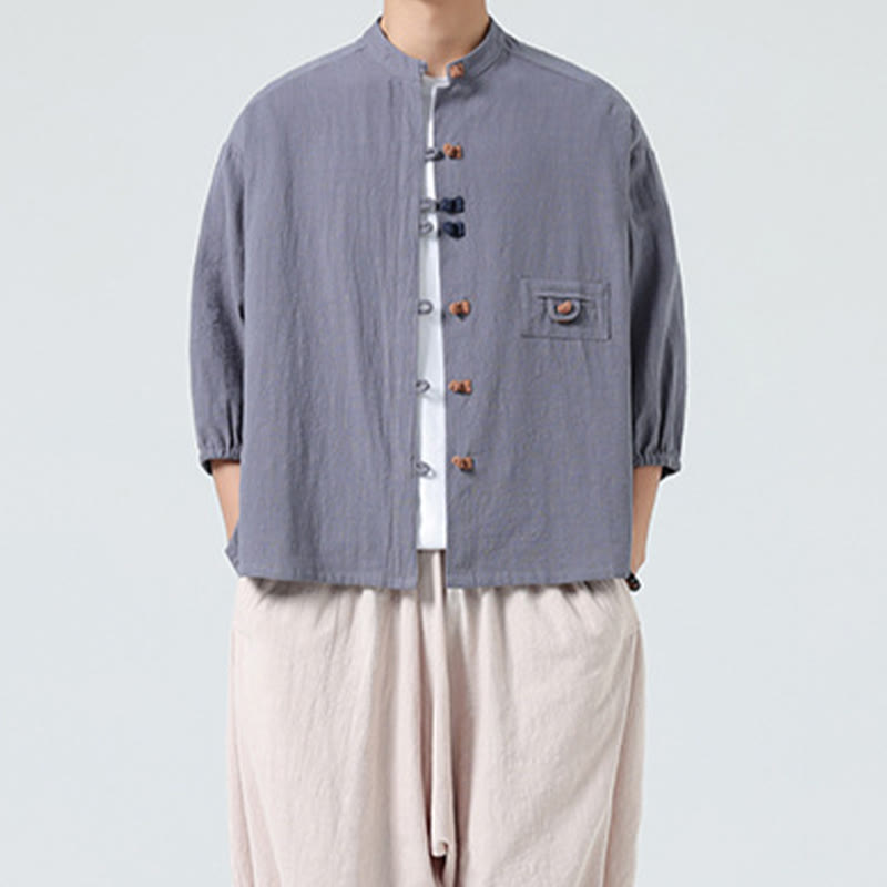 Buddha Stones夏用 カエルボタンフロント スタンドカラー メンズ 七分袖 コットンシャツ ポケット付き - image 24
