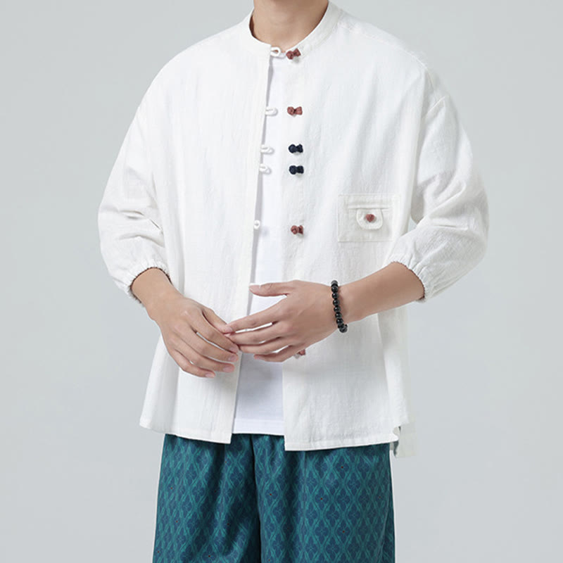 Buddha Stones夏用 カエルボタンフロント スタンドカラー メンズ 七分袖 コットンシャツ ポケット付き - image 1