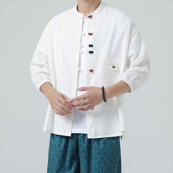 Buddha Stones夏用 カエルボタンフロント スタンドカラー メンズ 七分袖 コットンシャツ ポケット付き - image 1
