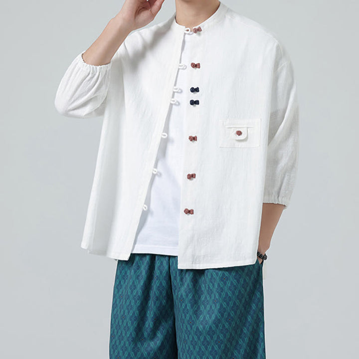 Buddha Stones夏用 カエルボタンフロントスタンドカラー メンズ 七分袖 コットンシャツカーディガン ポケット付き - 白 - US/UK/AU46、 EU56 (5XL) - image 0