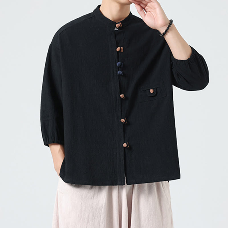Buddha Stones夏用 カエルボタンフロント スタンドカラー メンズ 七分袖 コットンシャツ ポケット付き - image 16