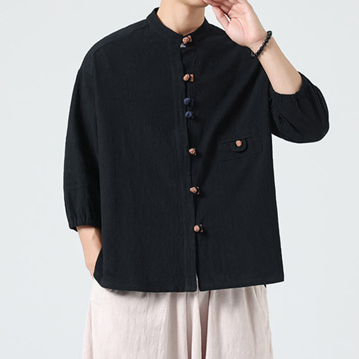 Buddha Stones夏用 カエルボタンフロント スタンドカラー メンズ 七分袖 コットンシャツ ポケット付き - image 16