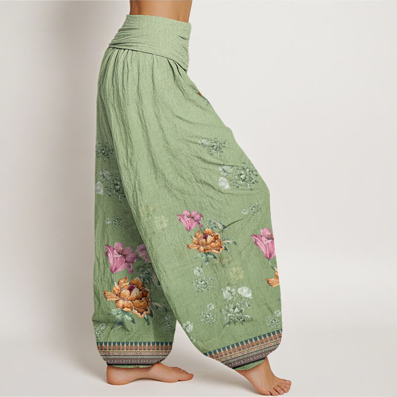 Buddha Stonesカジュアル植物牡丹花びら柄レディース伸縮性ウエストハーレムパンツ - image 2