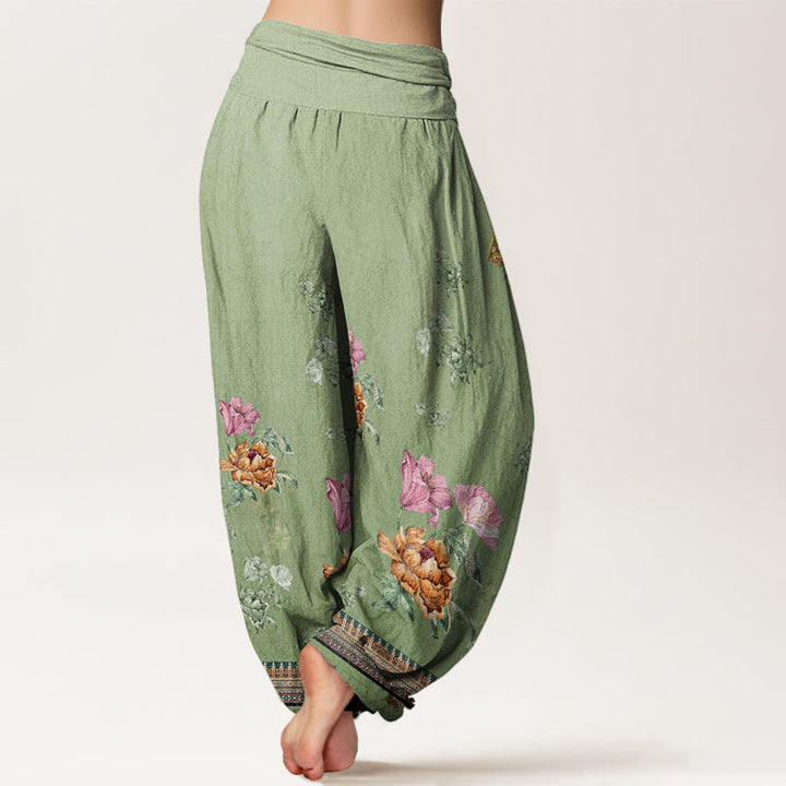 Buddha Stonesカジュアル植物牡丹花びら柄レディース伸縮性ウエストハーレムパンツ - image 3
