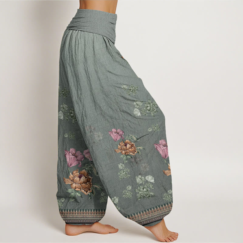 Buddha Stonesカジュアル植物牡丹花びら柄レディース伸縮性ウエストハーレムパンツ - image 6