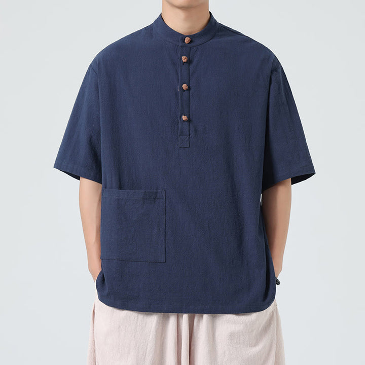 Buddha Stonesカジュアル ハーフフロッグボタンデザイン スタンドカラー タンスーツ メンズ 半袖 コットンシャツ ポケット付き
