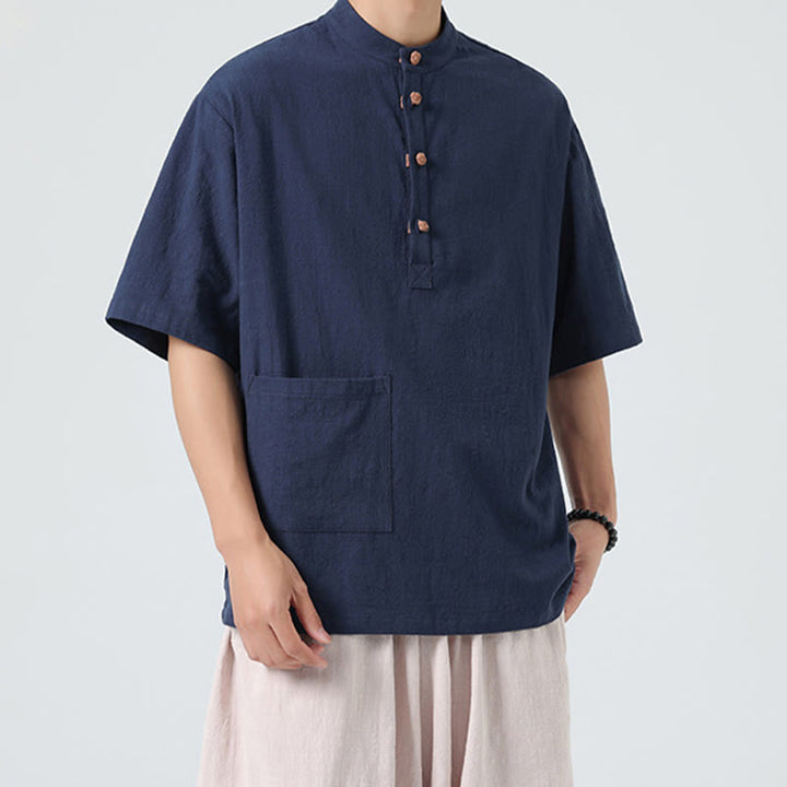 Buddha Stonesカジュアル ハーフフロッグボタンデザイン スタンドカラー タンスーツ メンズ 半袖 コットンシャツ ポケット付き - image 1