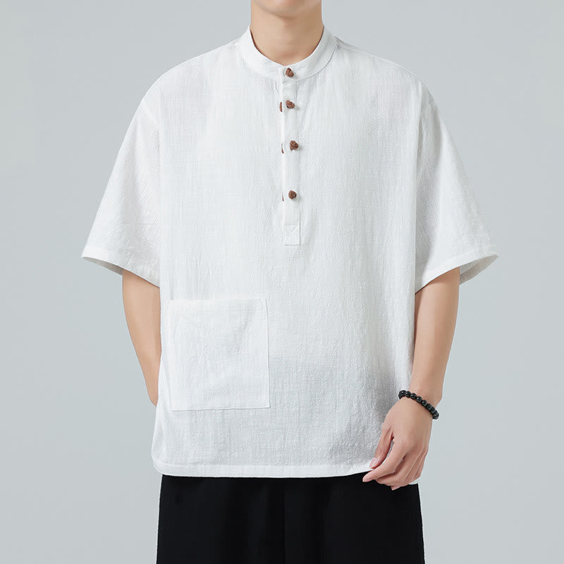 Buddha Stonesカジュアル ハーフフロッグボタンデザイン スタンドカラー タンスーツ メンズ 半袖 コットンシャツ ポケット付き - image 15