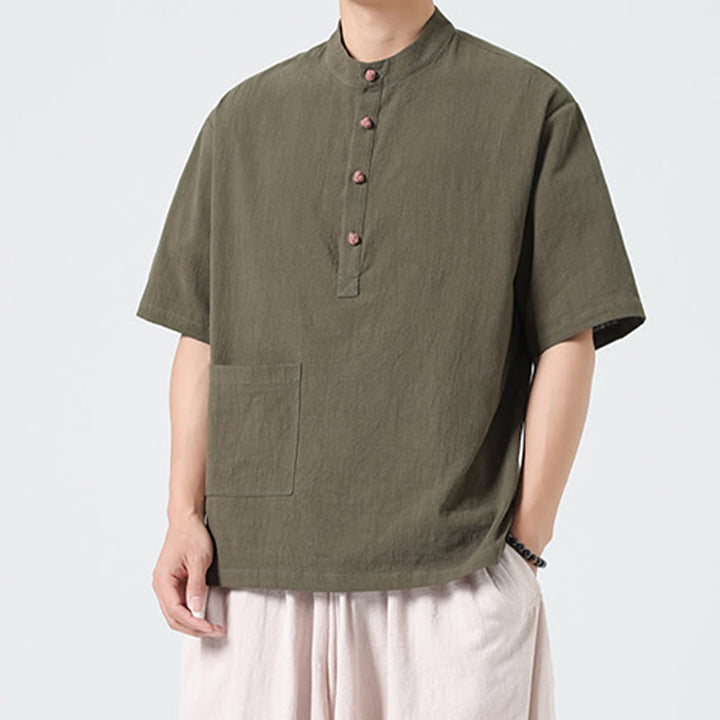 Buddha Stonesカジュアル ハーフフロッグボタンデザイン スタンドカラー タンスーツ メンズ 半袖 コットンシャツ ポケット付き - image 26