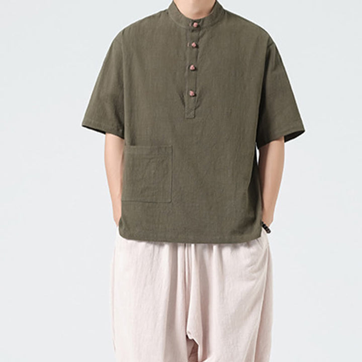 Buddha Stonesカジュアル ハーフフロッグボタンデザイン スタンドカラー タンスーツ メンズ 半袖 コットンシャツ ポケット付き - image 22