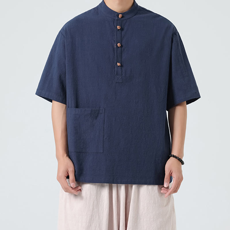 Buddha Stonesカジュアル ハーフフロッグボタンデザイン スタンドカラー タンスーツ メンズ 半袖 コットンシャツ ポケット付き - image 5