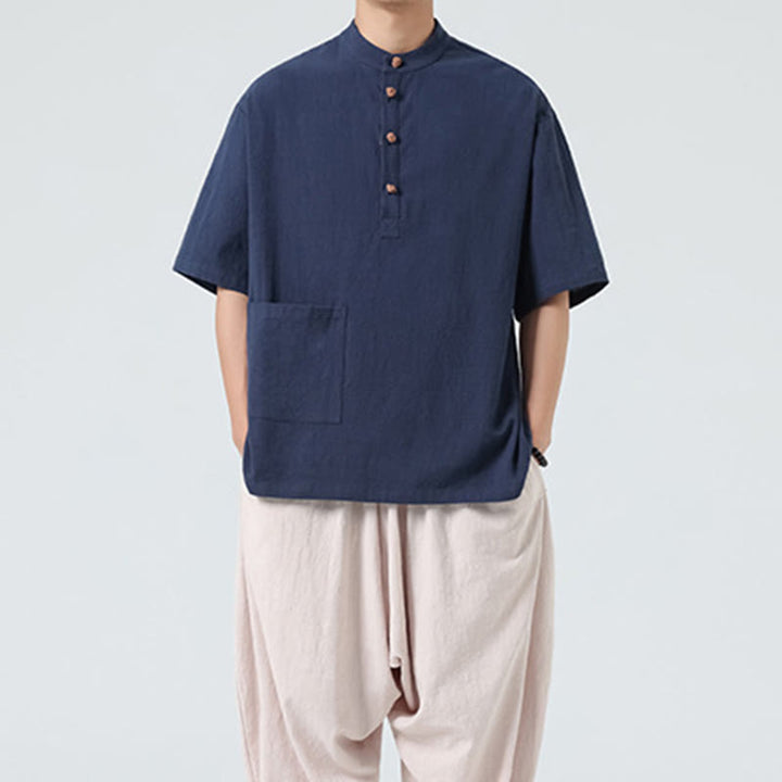 Buddha Stonesカジュアル ハーフフロッグボタンデザイン スタンドカラー タンスーツ メンズ 半袖 コットンシャツ ポケット付き - image 6