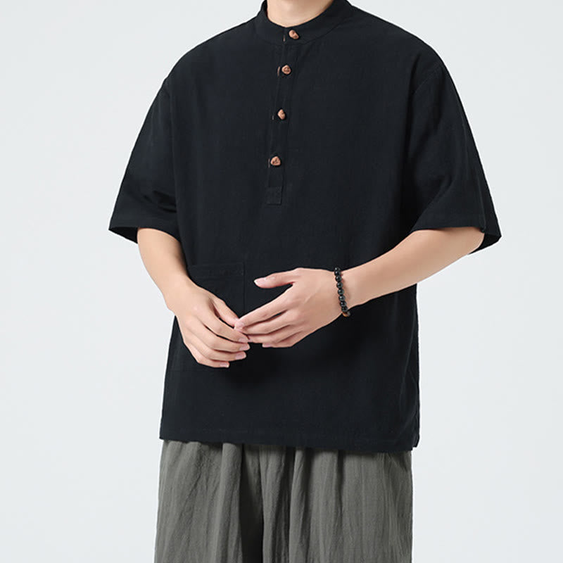 Buddha Stonesカジュアル ハーフフロッグボタンデザイン スタンドカラー タンスーツ メンズ 半袖 コットンシャツ ポケット付き - image 12