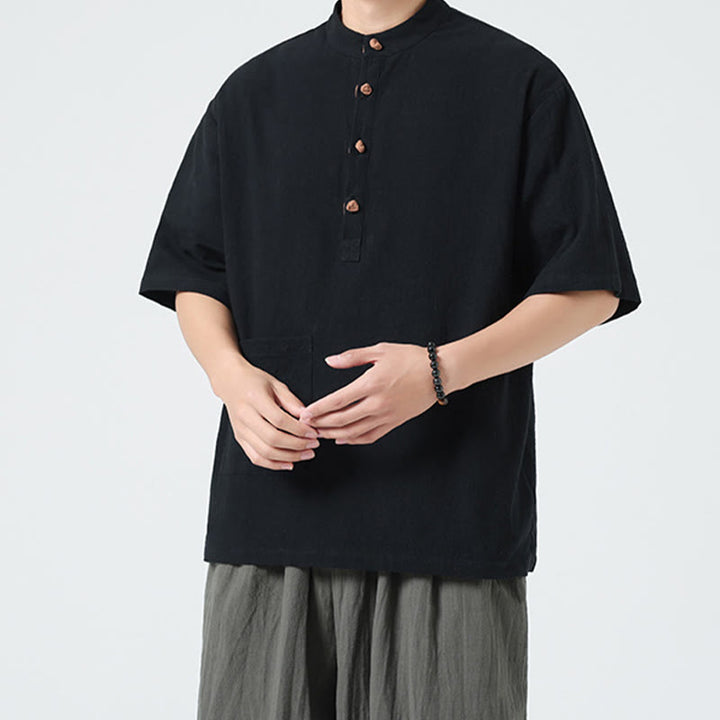 Buddha Stonesカジュアル ハーフフロッグボタンデザイン スタンドカラー タンスーツ メンズ 半袖 コットンシャツ ポケット付き - image 12