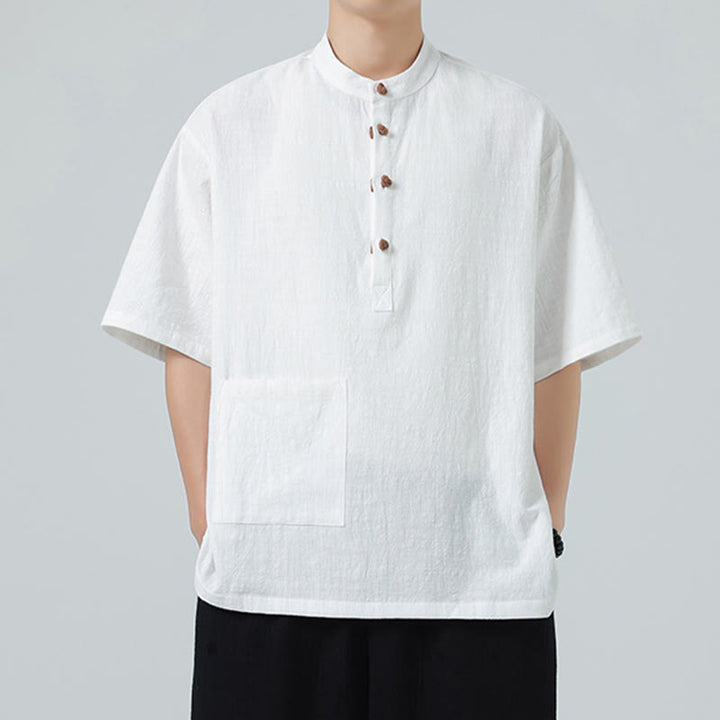Buddha Stonesカジュアル ハーフフロッグボタンデザイン スタンドカラー タンスーツ メンズ 半袖 コットンシャツ ポケット付き - image 17