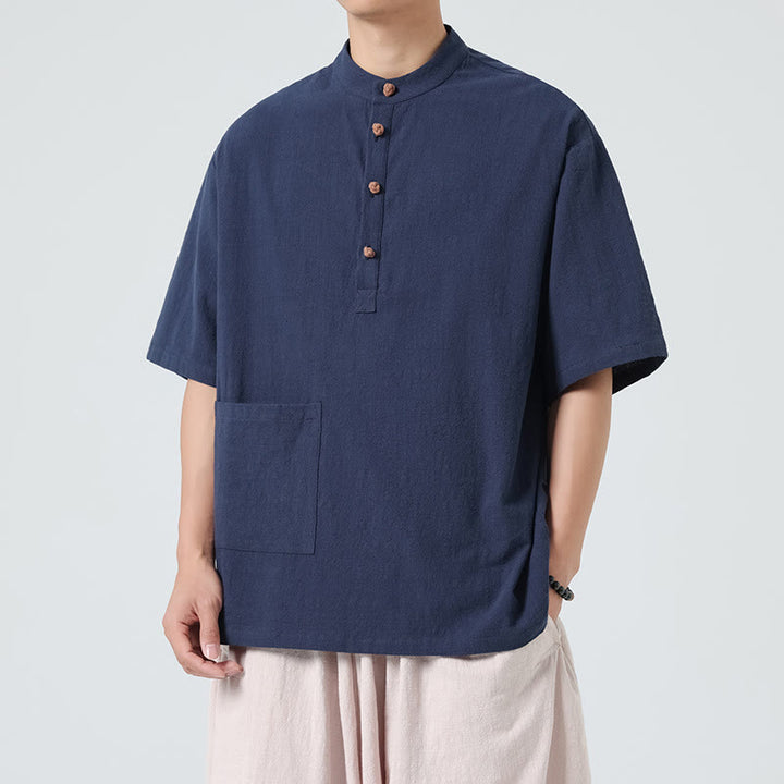 Buddha Stonesカジュアル ハーフフロッグボタンデザイン スタンドカラー タンスーツ メンズ 半袖 コットンシャツ ポケット付き