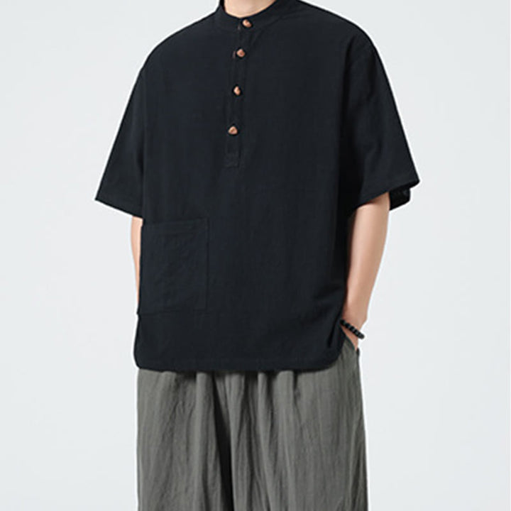 Buddha Stonesカジュアル ハーフフロッグボタンデザイン スタンドカラー タンスーツ メンズ 半袖 コットンシャツ ポケット付き - image 10