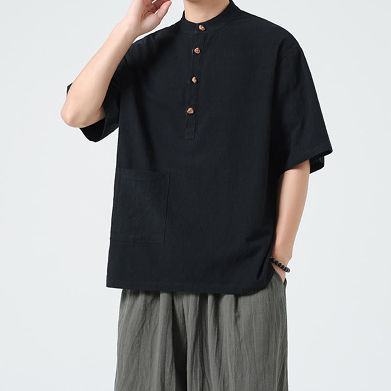 Buddha Stonesカジュアル ハーフフロッグボタンデザイン スタンドカラー タンスーツ メンズ 半袖 コットンシャツ ポケット付き