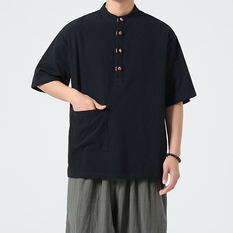 Buddha Stonesカジュアル ハーフフロッグボタンデザイン スタンドカラー タンスーツ メンズ 半袖 コットンシャツ ポケット付き - image 13